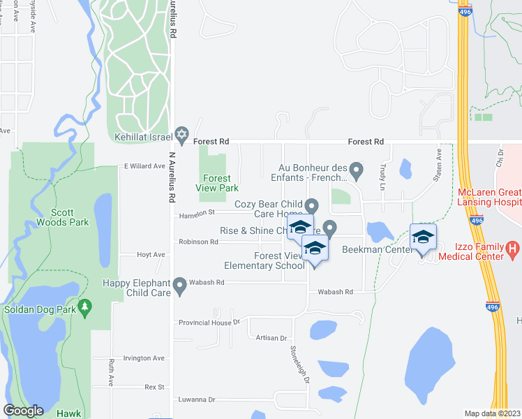 map of restaurants, bars, coffee shops, grocery stores, and more near 3009 Scarborough Road in Lansing