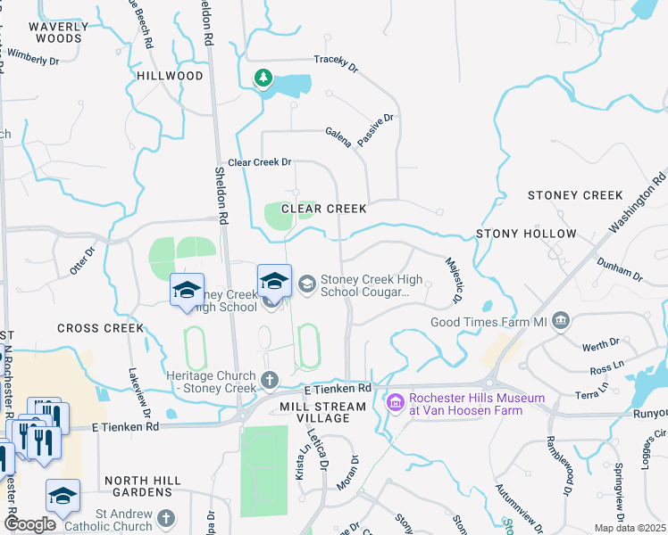 map of restaurants, bars, coffee shops, grocery stores, and more near 1260 Clear Creek Drive in Rochester Hills