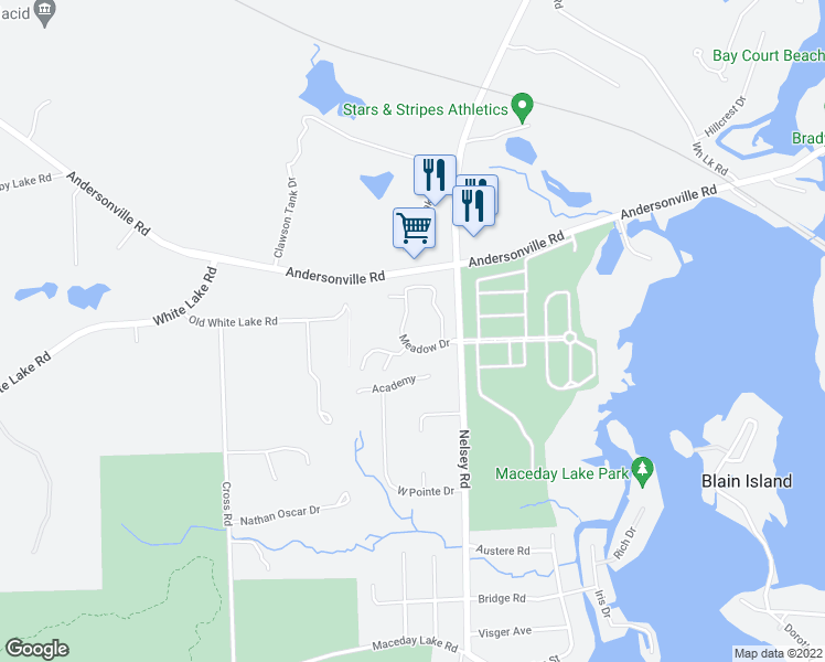 map of restaurants, bars, coffee shops, grocery stores, and more near 7908 Meadow Drive in Waterford Township