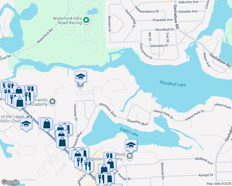 map of restaurants, bars, coffee shops, grocery stores, and more near 4856 Lore Drive in Waterford Township