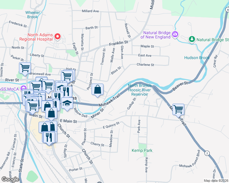 map of restaurants, bars, coffee shops, grocery stores, and more near 1-199 Front Street in North Adams