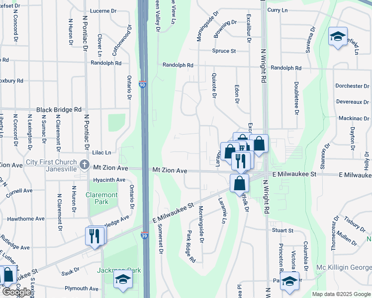 map of restaurants, bars, coffee shops, grocery stores, and more near 3207 Village Court in Janesville