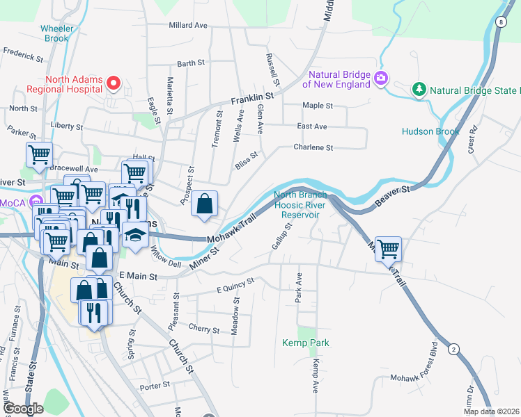 map of restaurants, bars, coffee shops, grocery stores, and more near 199 Front Street in North Adams