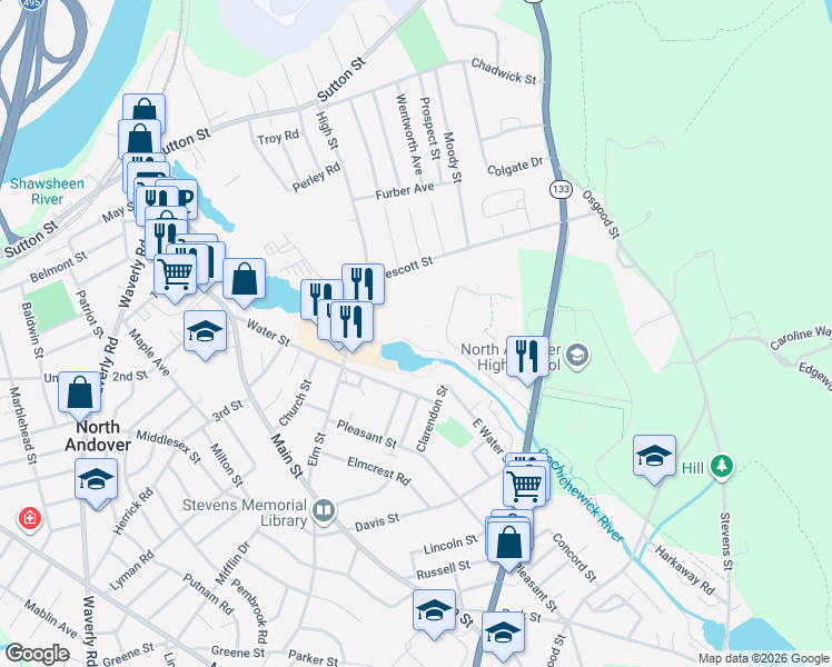 map of restaurants, bars, coffee shops, grocery stores, and more near in North Andover