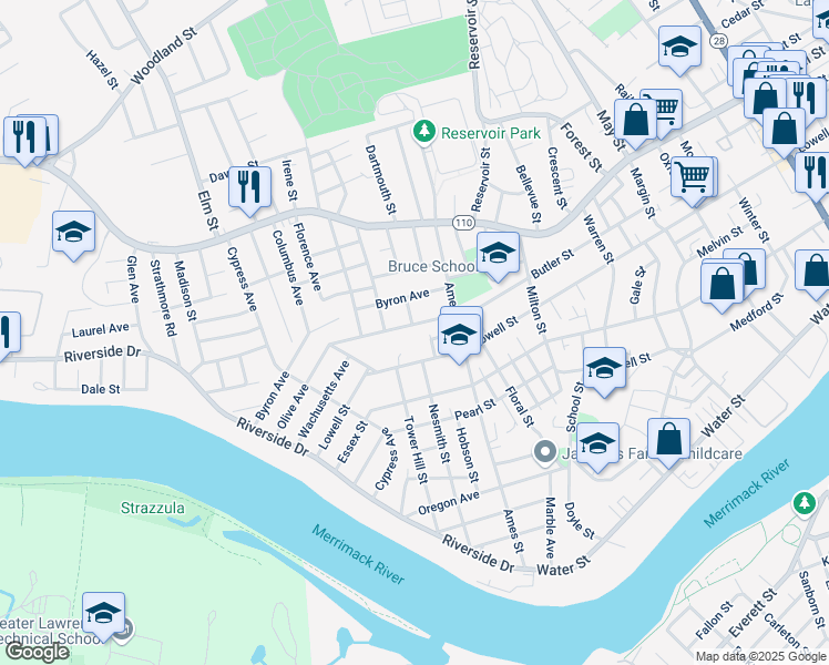 map of restaurants, bars, coffee shops, grocery stores, and more near 67 Olive Avenue in Lawrence