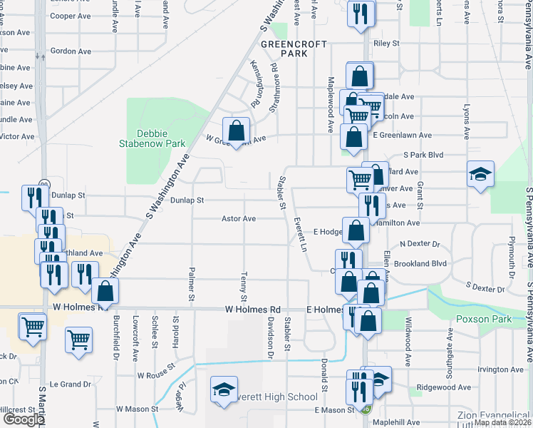 map of restaurants, bars, coffee shops, grocery stores, and more near 103 Dunlap Street in Lansing