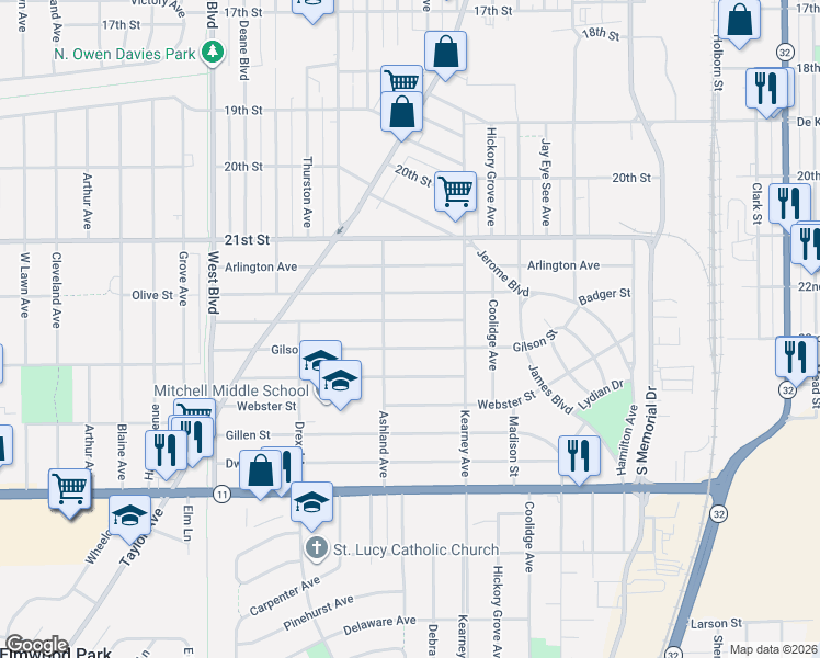 map of restaurants, bars, coffee shops, grocery stores, and more near 2418 Bate Street in Racine