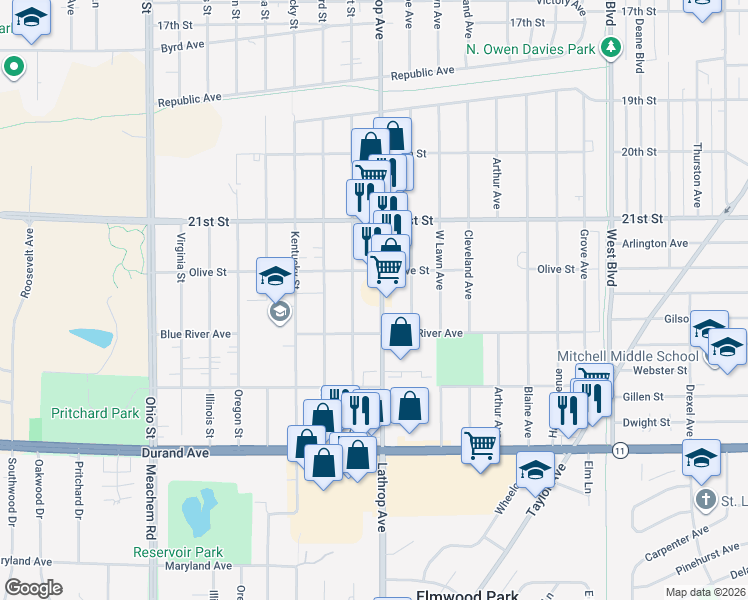 map of restaurants, bars, coffee shops, grocery stores, and more near 2313 Russet Street in Racine