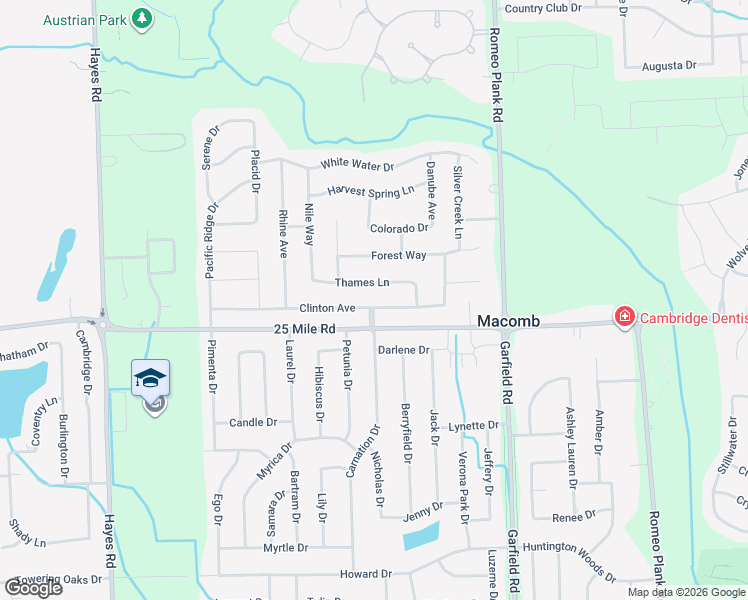 map of restaurants, bars, coffee shops, grocery stores, and more near 16130 Thames Lane in Macomb