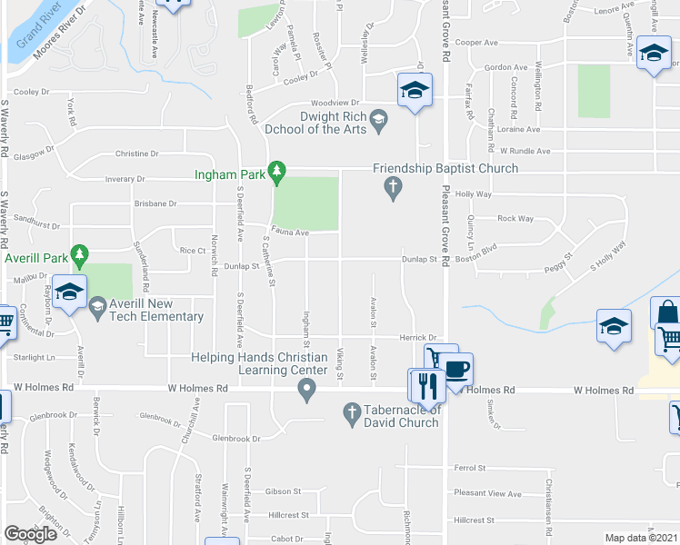 map of restaurants, bars, coffee shops, grocery stores, and more near 2603 Dunlap Street in Lansing