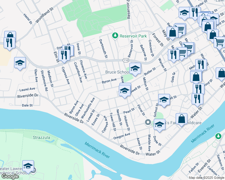 map of restaurants, bars, coffee shops, grocery stores, and more near 67 Olive Avenue in Lawrence