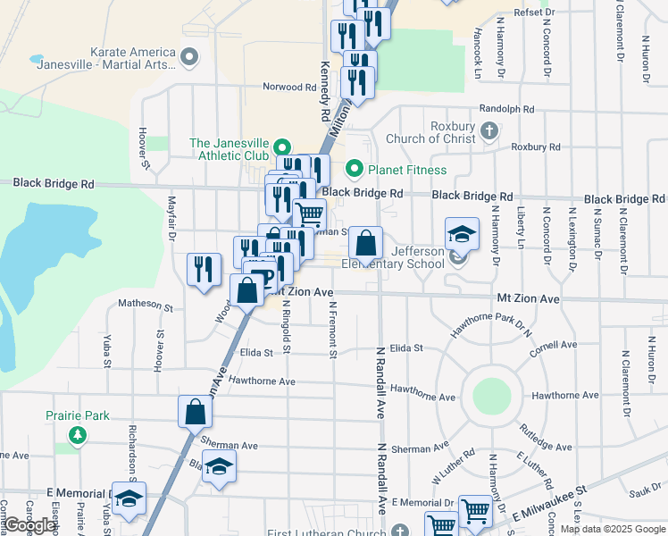 map of restaurants, bars, coffee shops, grocery stores, and more near 1407 Creston Park Drive in Janesville