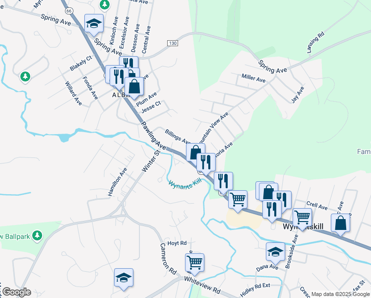 map of restaurants, bars, coffee shops, grocery stores, and more near 745 Pawling Avenue in Troy