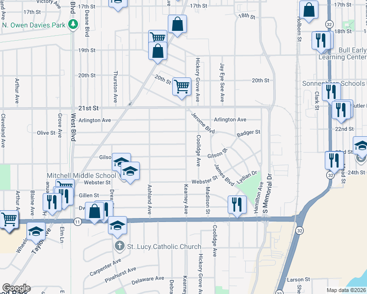 map of restaurants, bars, coffee shops, grocery stores, and more near 2316 Bate Street in Racine