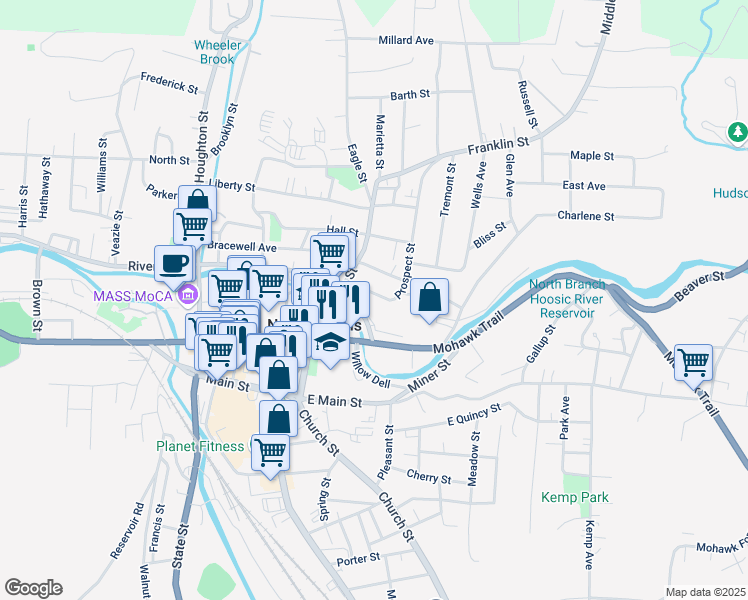 map of restaurants, bars, coffee shops, grocery stores, and more near 47 Prospect Street in North Adams