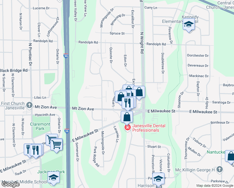 map of restaurants, bars, coffee shops, grocery stores, and more near 1407 Laramie Lane in Janesville
