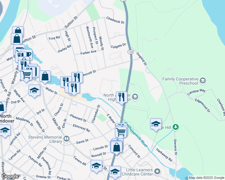 map of restaurants, bars, coffee shops, grocery stores, and more near 5 Walker Road in North Andover