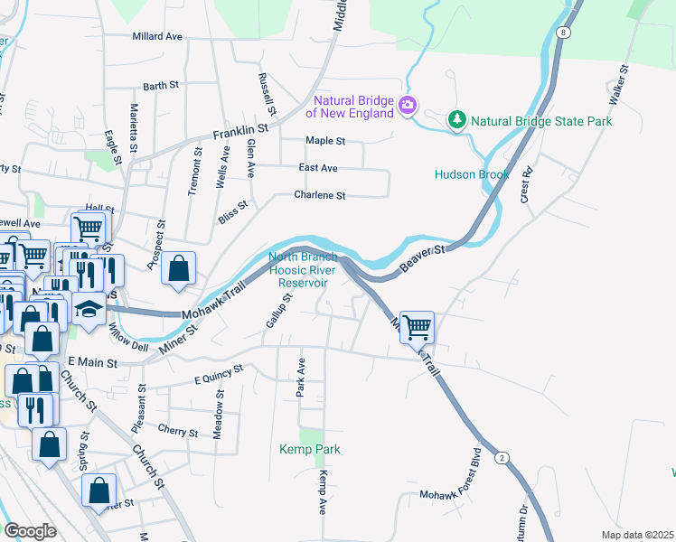 map of restaurants, bars, coffee shops, grocery stores, and more near 467-473 Mohawk Trail in North Adams