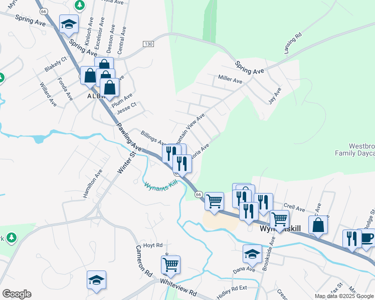 map of restaurants, bars, coffee shops, grocery stores, and more near 12 Carolina Avenue in Troy