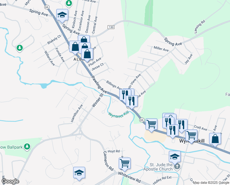 map of restaurants, bars, coffee shops, grocery stores, and more near 745 Pawling Avenue in Troy