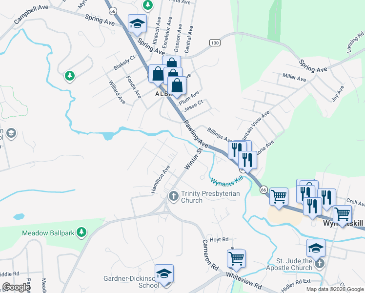 map of restaurants, bars, coffee shops, grocery stores, and more near 121 Annie Street in Troy