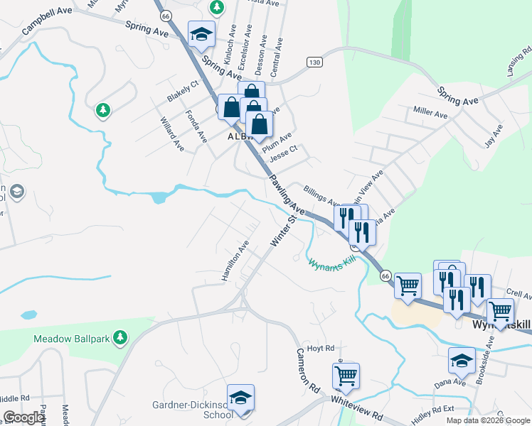 map of restaurants, bars, coffee shops, grocery stores, and more near 121 Annie Street in Troy