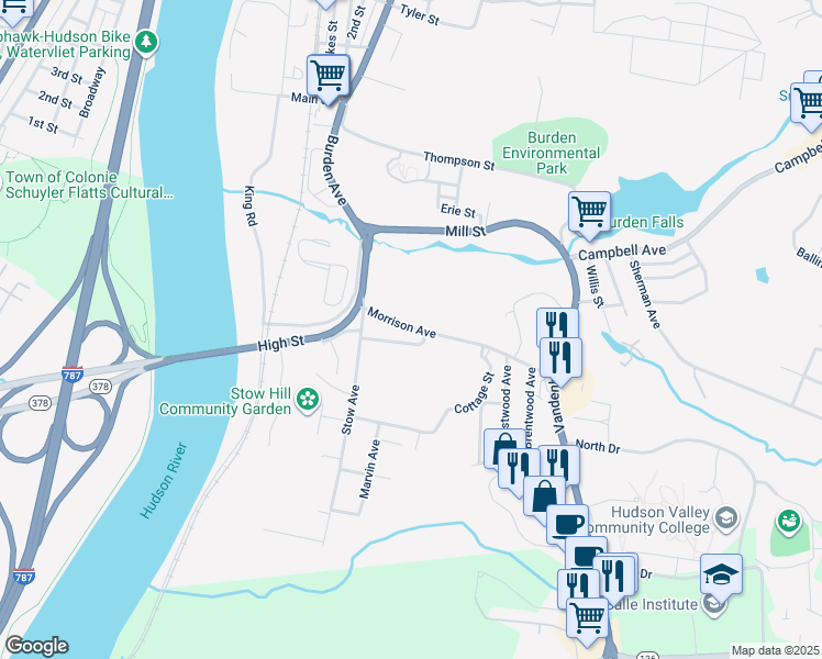 map of restaurants, bars, coffee shops, grocery stores, and more near 6-11 Morrison Avenue in Troy