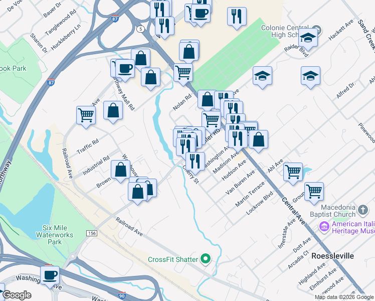 map of restaurants, bars, coffee shops, grocery stores, and more near 2 Katherine Road in Albany