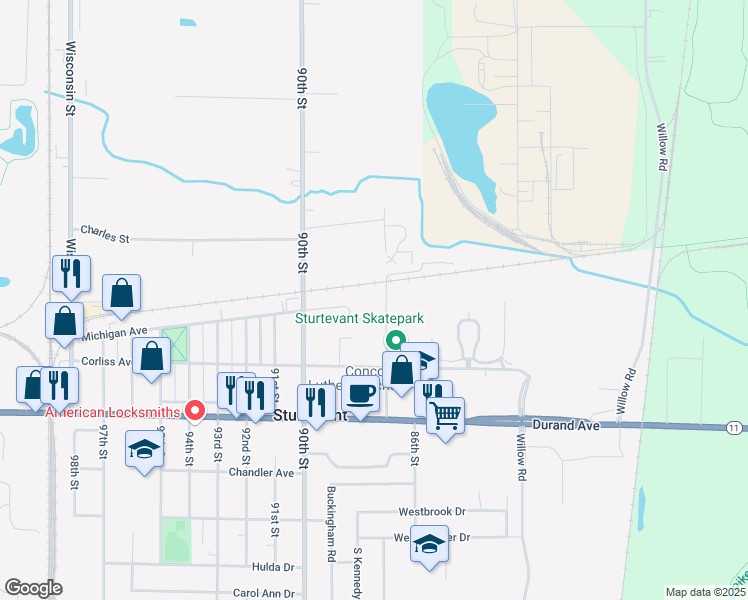 map of restaurants, bars, coffee shops, grocery stores, and more near 2740 87th Street in Sturtevant