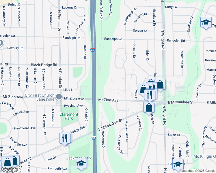 map of restaurants, bars, coffee shops, grocery stores, and more near 3101 Village Court in Janesville