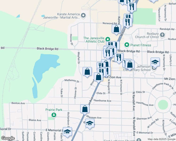 map of restaurants, bars, coffee shops, grocery stores, and more near 1405 Foster Avenue in Janesville