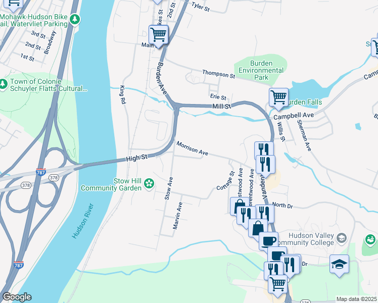 map of restaurants, bars, coffee shops, grocery stores, and more near 6-11 Morrison Avenue in Troy
