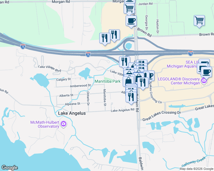 map of restaurants, bars, coffee shops, grocery stores, and more near 4186 Manitoba Street in Auburn Hills