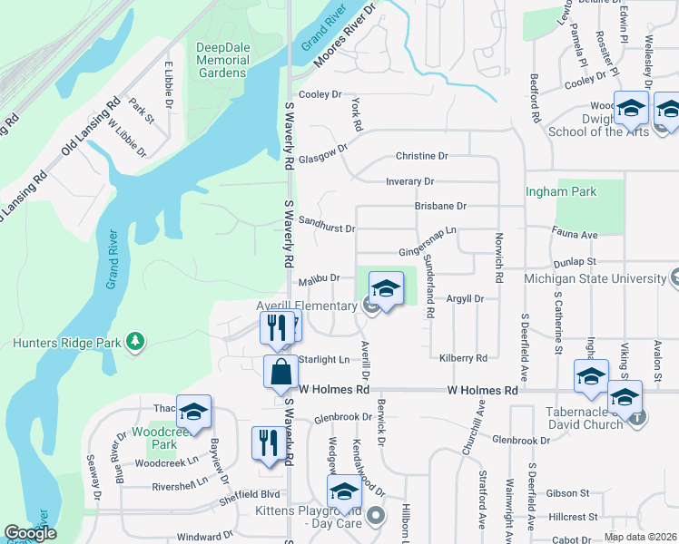 map of restaurants, bars, coffee shops, grocery stores, and more near 3612 Malibu Drive in Lansing