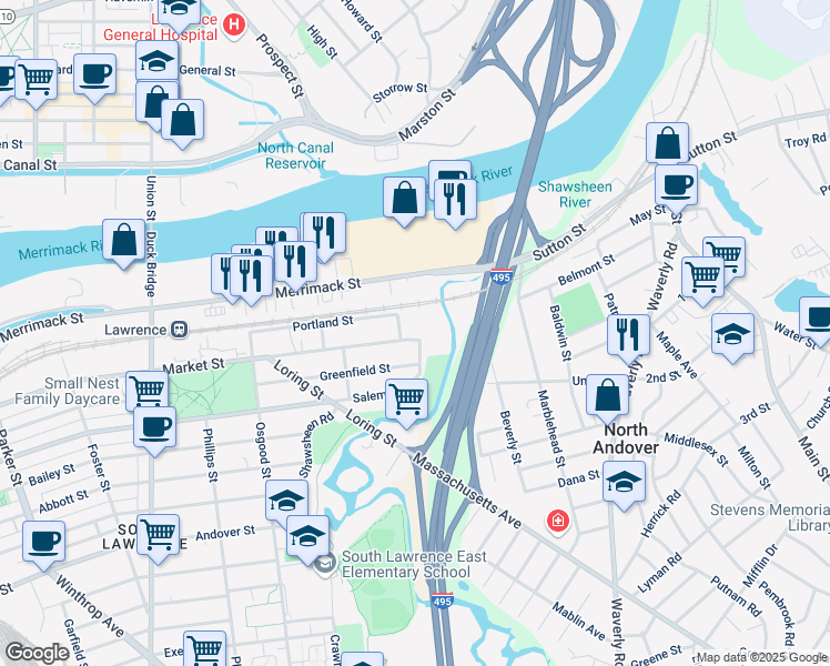 map of restaurants, bars, coffee shops, grocery stores, and more near 22 Shawsheen Court in Lawrence