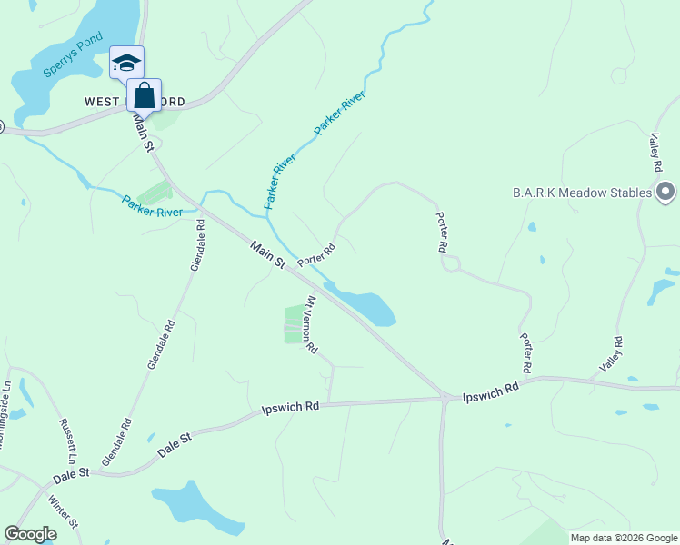 map of restaurants, bars, coffee shops, grocery stores, and more near 503 Main Street in Boxford