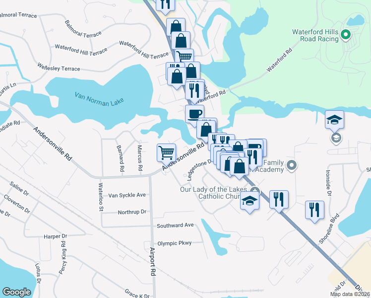 map of restaurants, bars, coffee shops, grocery stores, and more near 5860 Andersonville Road in Waterford Township