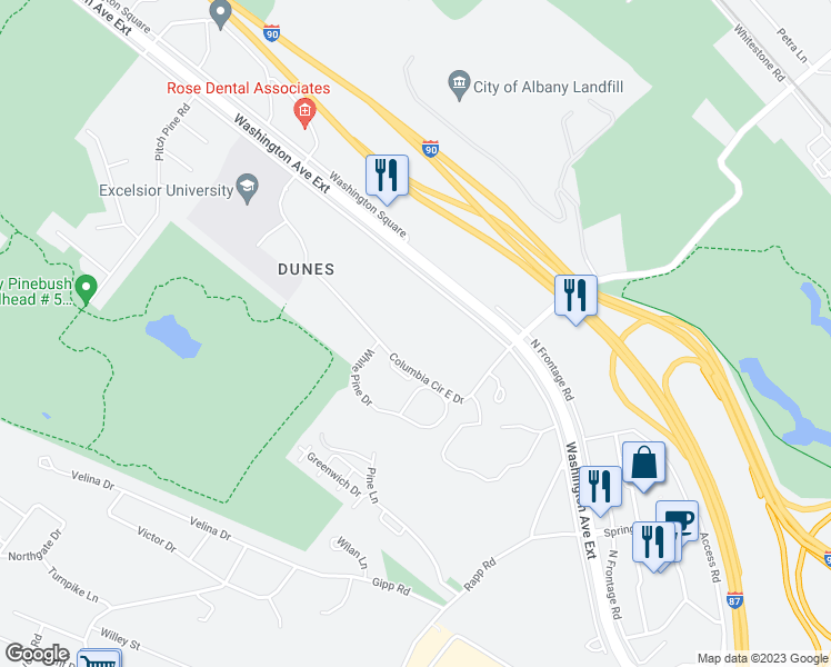 map of restaurants, bars, coffee shops, grocery stores, and more near 200 Washington Avenue Extension in Albany