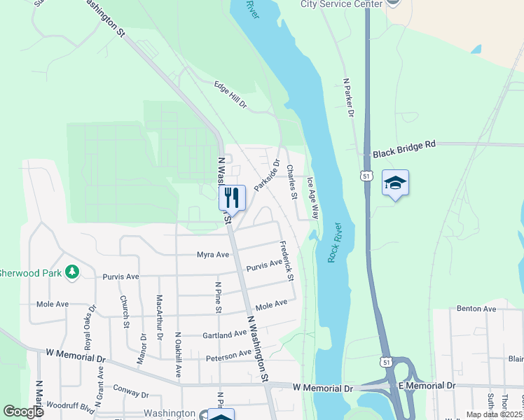 map of restaurants, bars, coffee shops, grocery stores, and more near 1400 Hamilton Avenue in Janesville