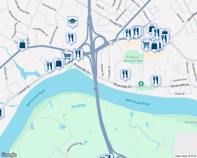 map of restaurants, bars, coffee shops, grocery stores, and more near 1073 Riverside Drive in Methuen