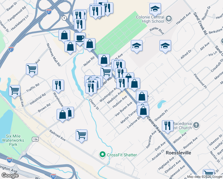 map of restaurants, bars, coffee shops, grocery stores, and more near 5 Washington Avenue in Albany