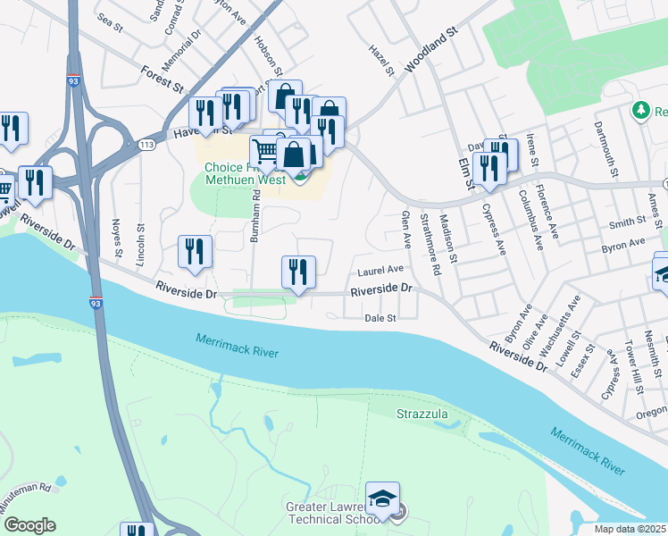 map of restaurants, bars, coffee shops, grocery stores, and more near 945 Riverside Drive in Methuen