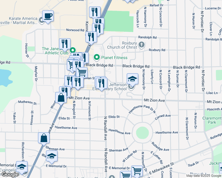 map of restaurants, bars, coffee shops, grocery stores, and more near 1620 Creston Park Drive in Janesville