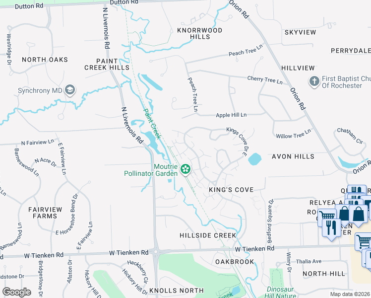 map of restaurants, bars, coffee shops, grocery stores, and more near 1568 Kings Cove Drive in Rochester Hills
