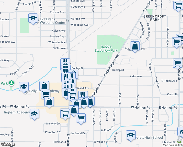 map of restaurants, bars, coffee shops, grocery stores, and more near 807 Dunlap Street in Lansing