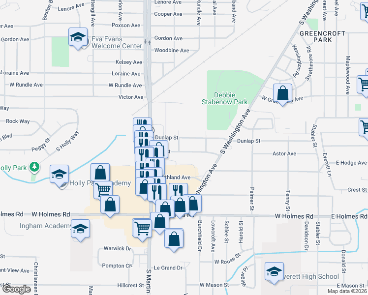 map of restaurants, bars, coffee shops, grocery stores, and more near 807 Dunlap Street in Lansing