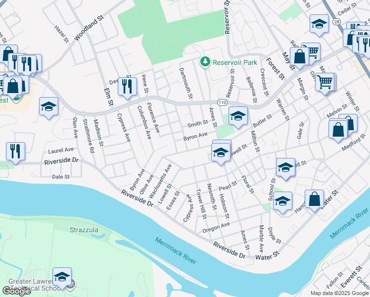 map of restaurants, bars, coffee shops, grocery stores, and more near 14 Middlebury Street in Lawrence