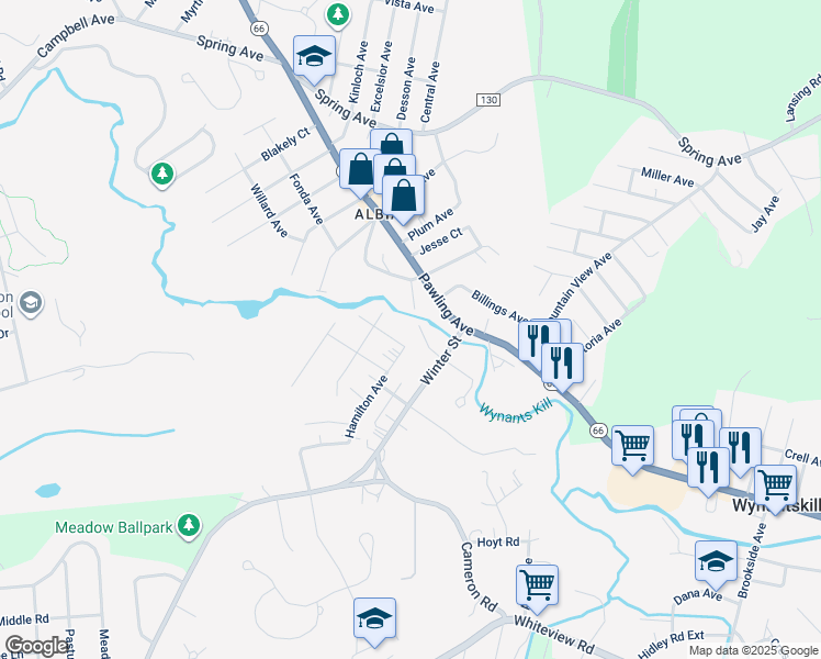 map of restaurants, bars, coffee shops, grocery stores, and more near 121 Annie Street in Troy