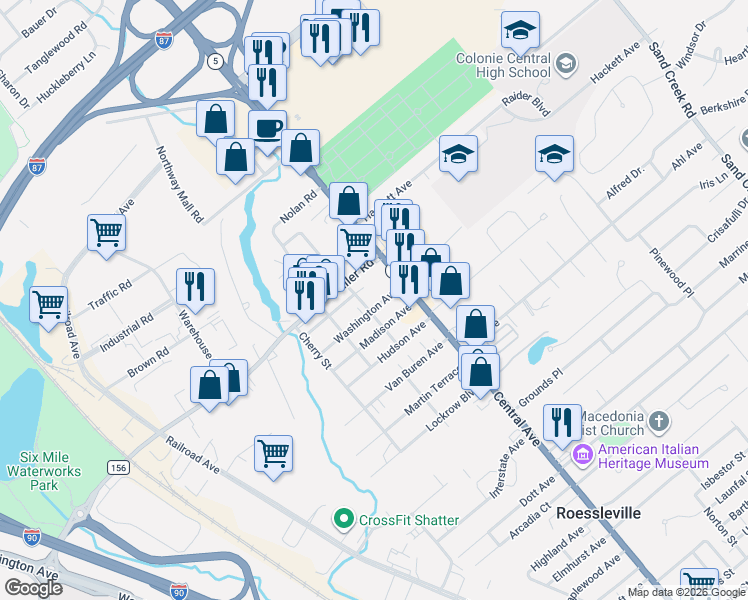 map of restaurants, bars, coffee shops, grocery stores, and more near 5 Washington Avenue in Albany