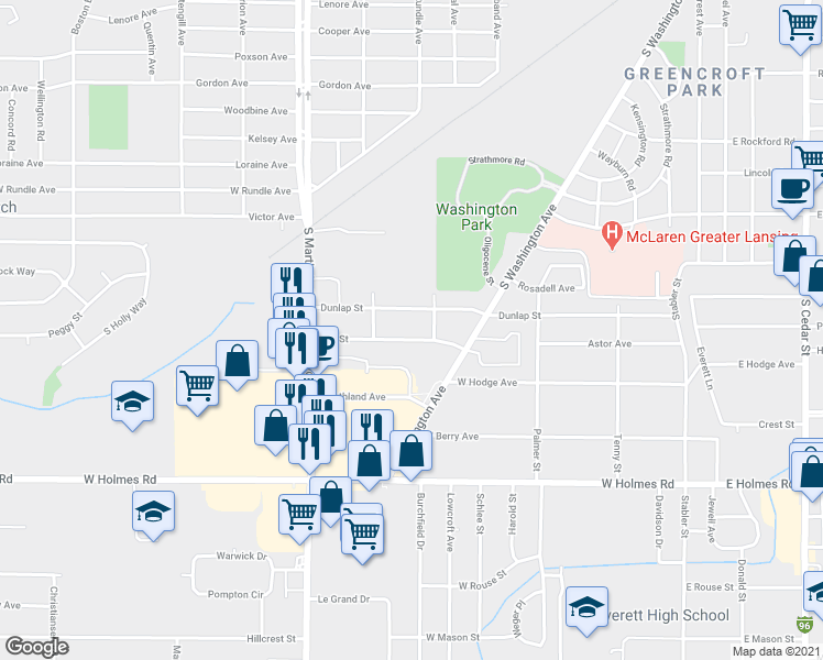 map of restaurants, bars, coffee shops, grocery stores, and more near 807 Dunlap Street in Lansing